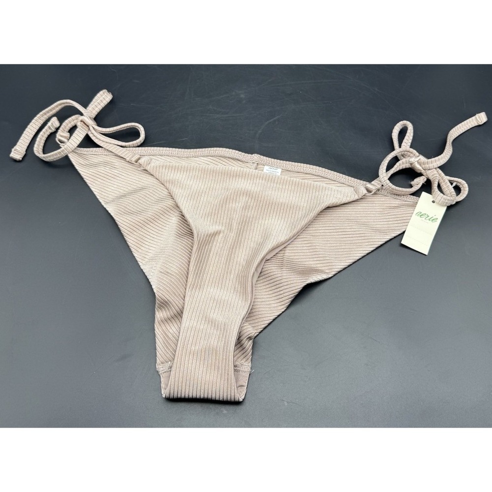 Aerie Ribbed Tie Side Cheeky Bikini Bottom Large NWT Blush Neutral Swim